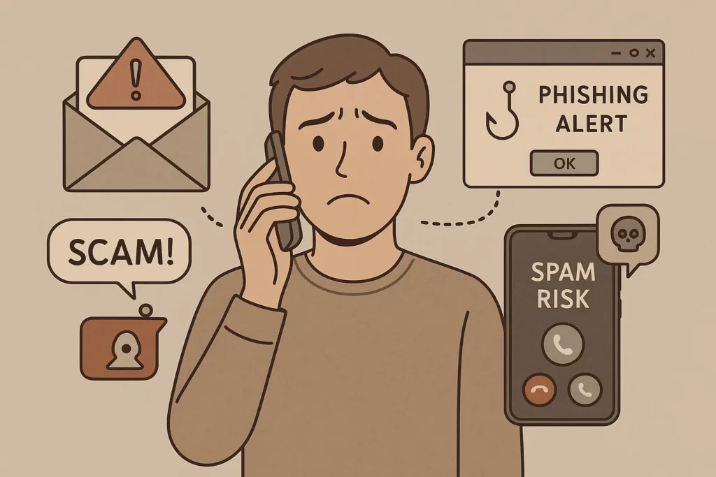 Cyber threats illustration showing spam calls and phishing messages